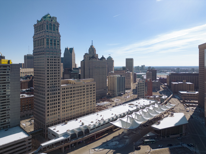 Aerial view of Detroit city with Book tower Michigan USA